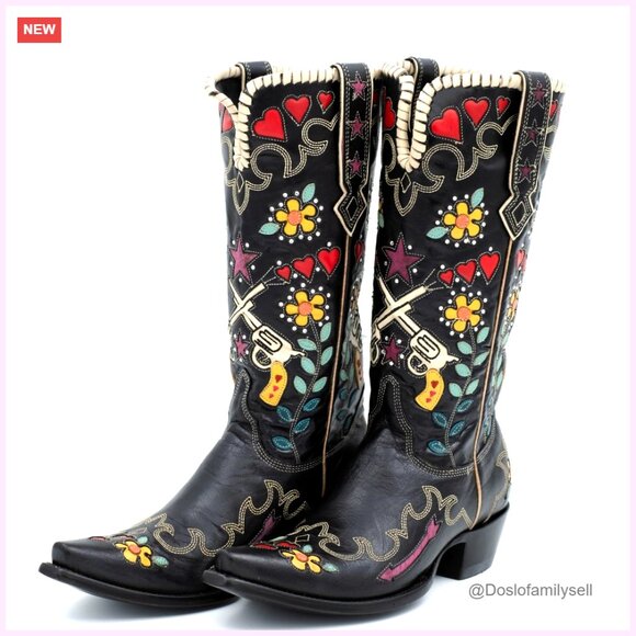 Shoes - Women's Embroidered Western Knee High Boots, Chunky Low Heel, Wide Calf